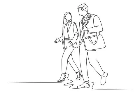 Single continuous line drawing of young couple male and female employees di.. Stock Illustration