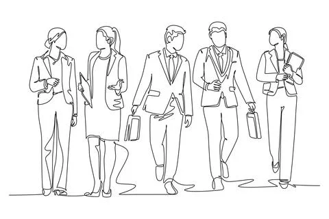 Single continuous line drawing of young male and female workers walking tog.. Stock Illustration