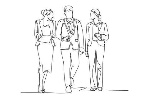 Single continuous line drawing young male and female employees talking and .. Stock Illustration