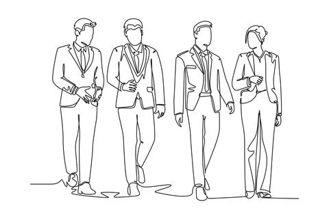 Single continuous line drawing young businessman and businesswoman walking .. Stock Illustration