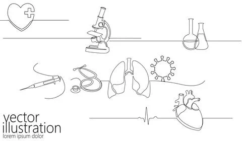 Single continuous line set science medicine microscope. Human heart lungs virus Stock Illustration