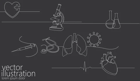 Single continuous line set science medicine microscope. Human heart lungs virus Stock Illustration