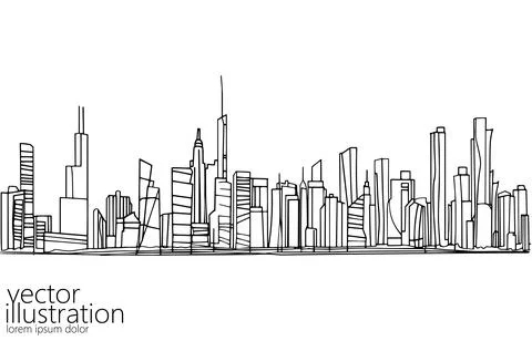 Single continuous one line art city building construction. Architecture house Stock-Illustration