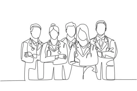 Single continuous single line drawing of young male and female doctors stand イラスト素材