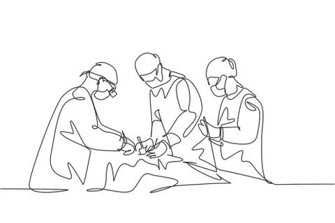 Single continuous single line drawing group of team surgeon doctor Illustrazione stock