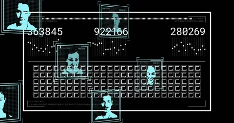 Single cyan face appearing, central HUD updating data, scanning and moving Stock Footage 329454935