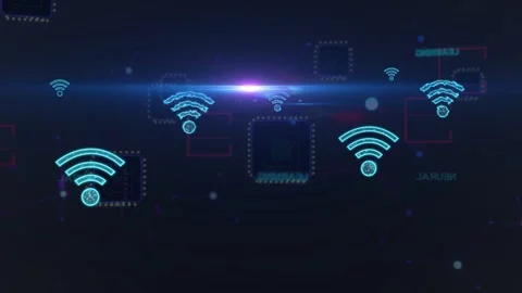 Single cyan icon appearing lower left, wireless icons emerging, aligning Stock Footage 334768507
