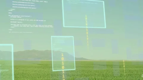 Single cyan panel rising over grass field, forming code and falling bits, fading Stock Footage 333256084
