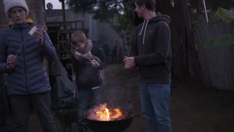 Single dad and two sons. Barbecue fire in backyard, cozy evening Stock Footage 336560955