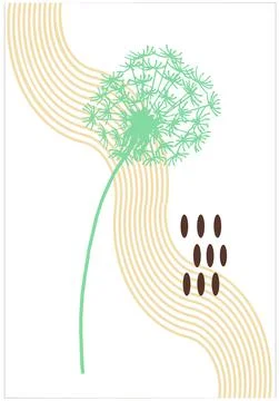 Single dandelion outline with waves and ovals Stock Illustration