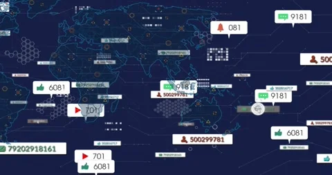 Single data tag appearing, neon world map filling pulsing tags, icons, counters, Vídeos de archivo 329506220