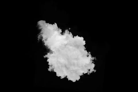 Single dense white fluffy cloud isolated on deep black sky background Stock Photos
