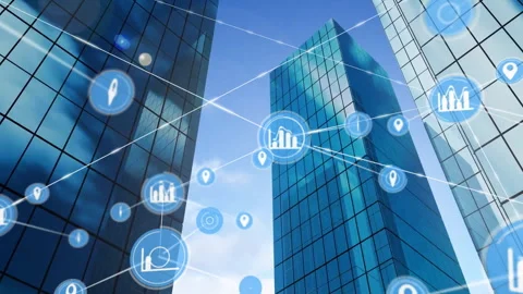 Single digital icon spawning floating data and pin icons linking towers showing Stock Footage 314527936
