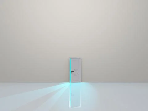Single door in pure white space emaits light Stock Illustration
