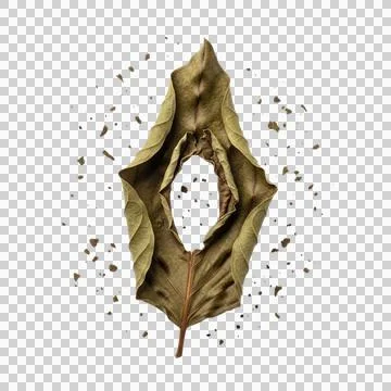 Single dried leaf with center hole isolated on transparent background cutou.. Fotos Stock