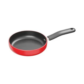 A single empty frying pan with a bright red base and a black nonstick inter.. Illustration