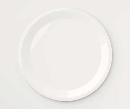 Single empty white porcelain plate on white background, flat lay top view f.. Stock Illustration
