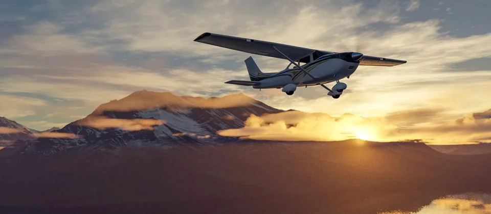Single Engine Airplane flying over dramatic mountain landscape at sunset. 3d Illustrazione stock