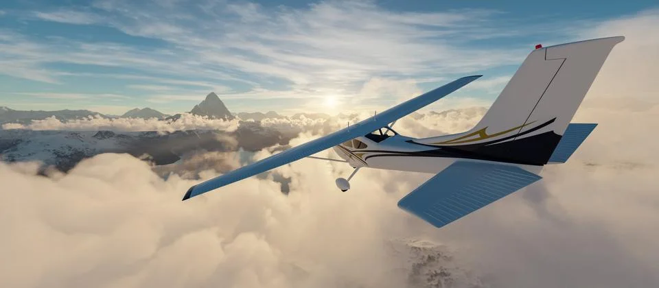 Single Engine Airplane flying over dramatic mountain landscape at sunset. 3d 스톡 일러스트