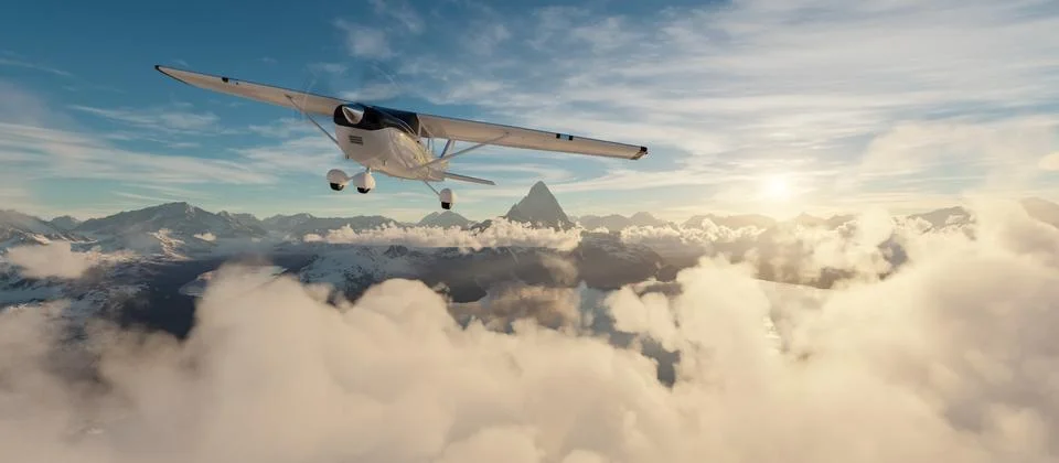 Single Engine Airplane flying over dramatic mountain landscape at sunset. 3d Stock Illustration
