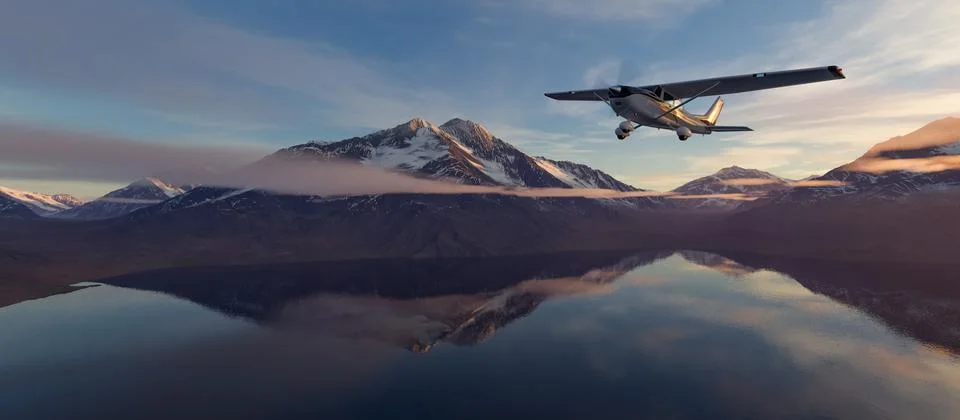 Single Engine Airplane flying over dramatic mountain landscape at sunset. 3d Illustrazione stock