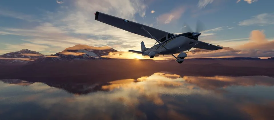 Single Engine Airplane flying over dramatic mountain landscape at sunset. 3d Illustrazione stock