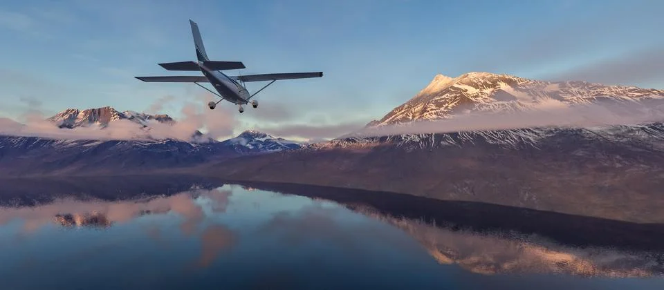 Single Engine Airplane flying over dramatic mountain landscape at sunset. 3d Stock Illustration