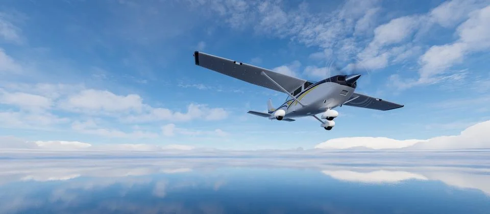 Single Engine Airplane flying over dramatic landscape at sunny day. Stock Photos