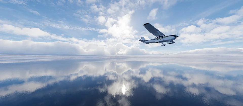Single Engine Airplane flying over dramatic landscape at sunny day. Stock Photos