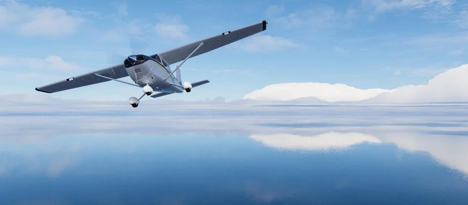 Single Engine Airplane flying over dramatic landscape at sunny day. Stock Photos