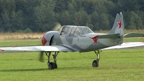 Single engine airplane on a grass runway. Video stock 145209768