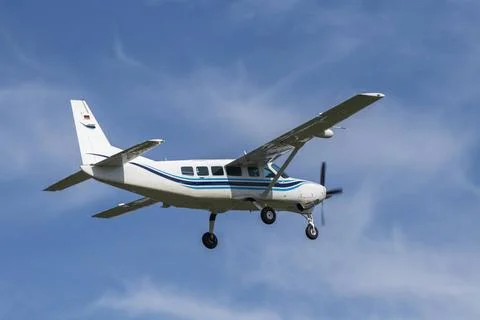 Single-engine business airplane during take off Single-engined propeller b... Stock Photos
