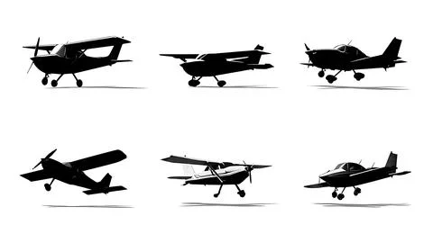 Single-Engine Propeller Plane Black Silhouettes Multi-Angle Stock Illustration