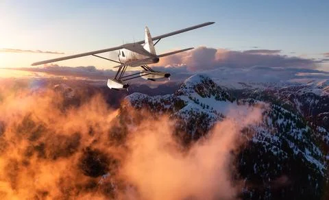 Single Engine Seaplane Flying over the Rocky Mountain Landscape. Stock Illustration