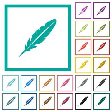 Single feather flat color icons with quadrant frames Stock Illustration