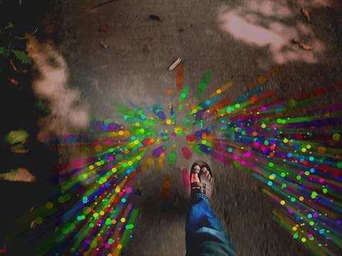 A single foot steps forward on a pavement as bright rainbow light trails an.. Stock Illustration