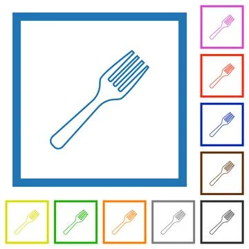 Single fork outline flat framed icons Illustrazione stock