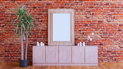 Single frame mock up design, 3d render. Wooden frame mockup with red brick wall イラスト素材