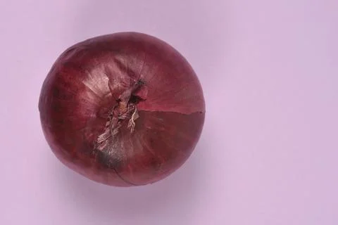 Single fresh red onion bulb on a light purple background Stock Photos