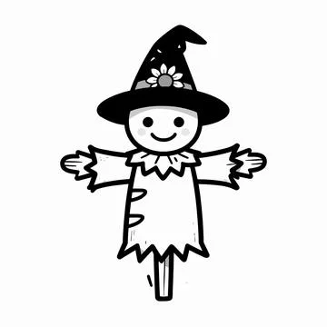 Single friendly scarecrow character in flat vector line art style, whimsica.. Illustrazione stock