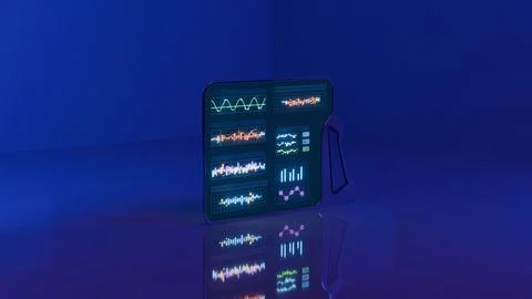 Single futuristic glowing tablet with interface charts in blue room Illustrazione stock