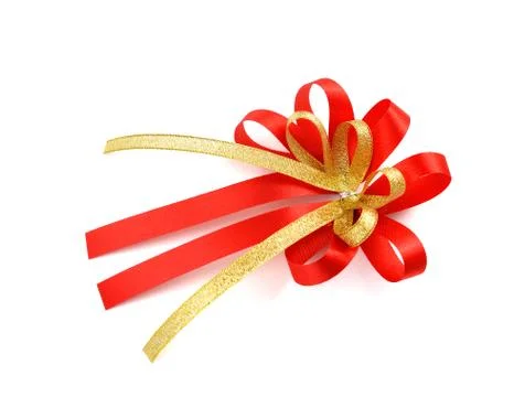 Single gift bow, red satin, with one ribbon isolated on white Stock Photos