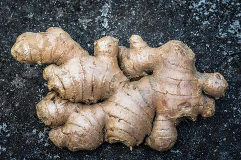 Single ginger root rests on a dark, textured background Stock Photos