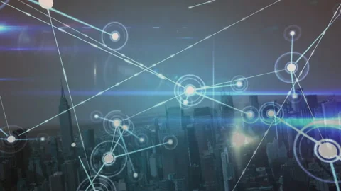 Single glowing node emerging over city skyline spawning linked nodes via lines 스톡 동영상 311226376