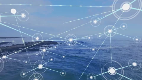 Single glowing node materializing over calm sea spawning beams and nodes forming Stock Footage 312082219