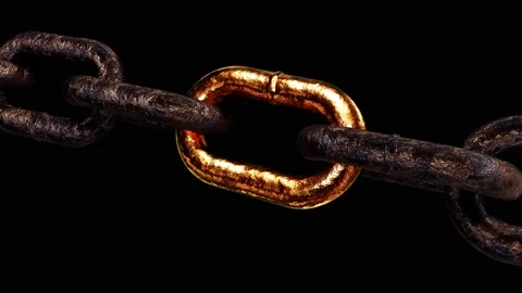 Single gold link in a rusty steel chain looping 3D animation with alpha Stock Footage 200463669