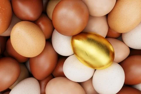Single golden egg around colorful eggs, concept individuality, exclusivity and Stock Illustration