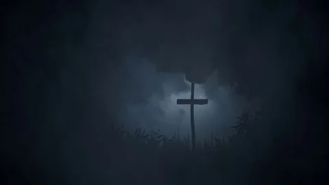 Single Grave in the Wile Marked with a Cross Under Storm Stock Footage 84629847