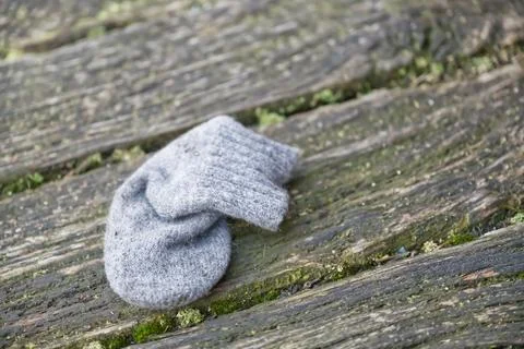 A single gray sock lying on a weathered wooden surface, surrounded by natural Stock Photos