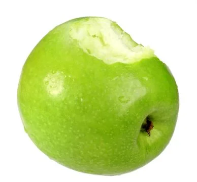 Single a green apple with bite Foto stock